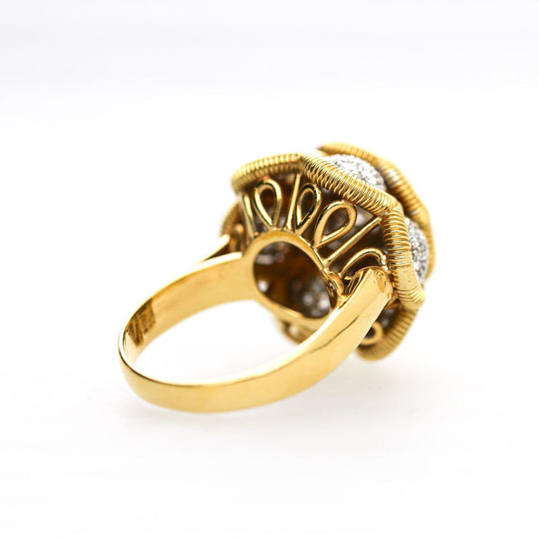 1.35 Carat Round Diamond Pave 18K Two Tone Gold Floral Dome Cocktail Ring