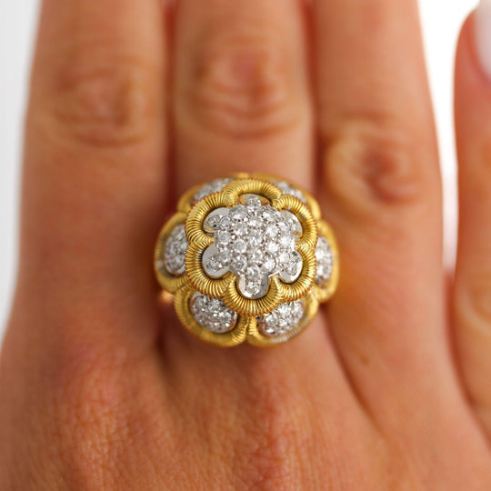 1.35 Carat Round Diamond Pave 18K Two Tone Gold Floral Dome Cocktail Ring