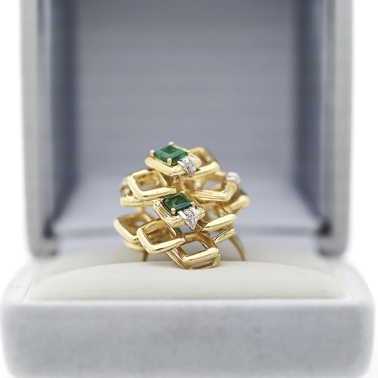 1.37 Carat Emerald and Diamond 18K Gold Geometric Lattice Ring