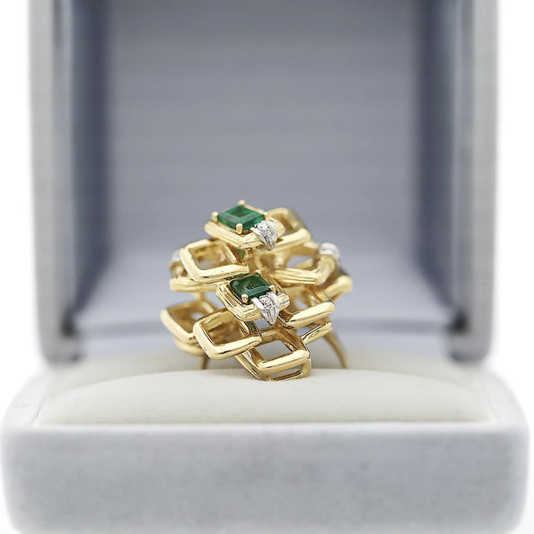 1.37 Carat Emerald and Diamond 18K Gold Geometric Lattice Ring