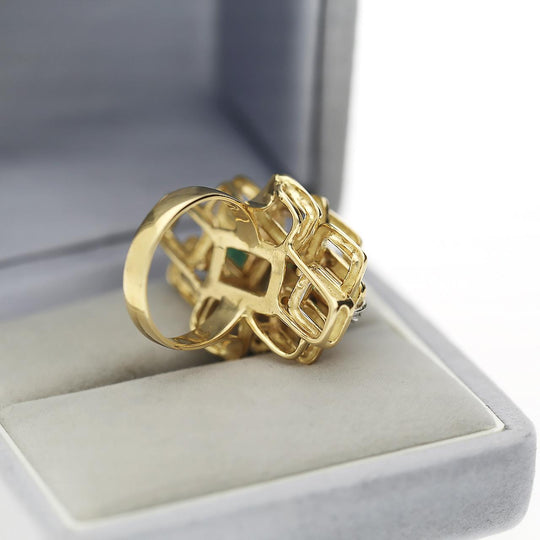 1.37 Carat Emerald and Diamond 18K Gold Geometric Lattice Ring