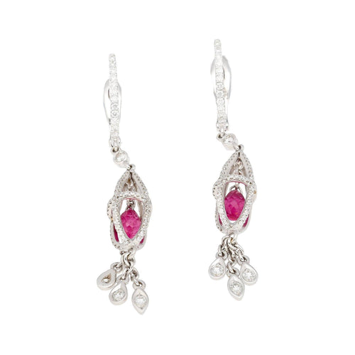 1.40 Carat Pink Sapphire and Diamond Drop Cage Earrings in 18k White Gold