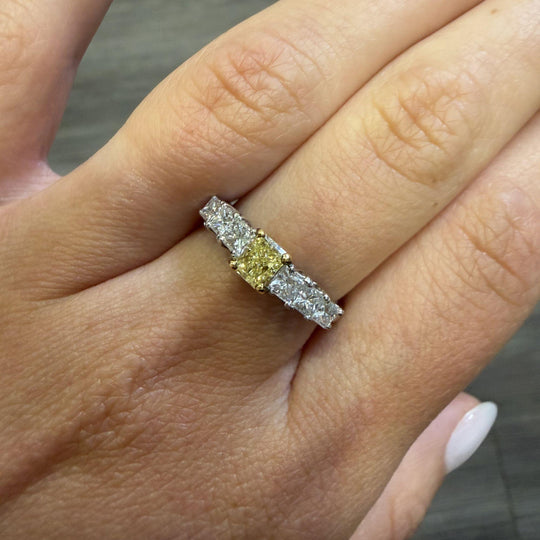 1.41 Carat Fancy Yellow Radiant & White Princess Diamond Illusion Band Ring