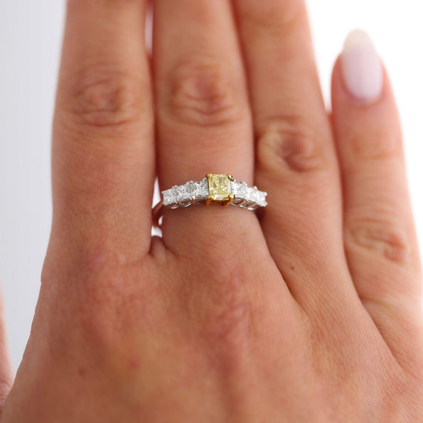 1.41 Carat Fancy Yellow Radiant & White Princess Diamond Illusion Band Ring