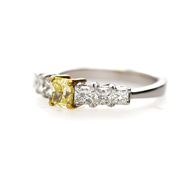 1.41 Carat Fancy Yellow Radiant & White Princess Diamond Illusion Band Ring