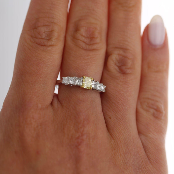 1.41 Carat Fancy Yellow Radiant & White Princess Diamond Illusion Band Ring