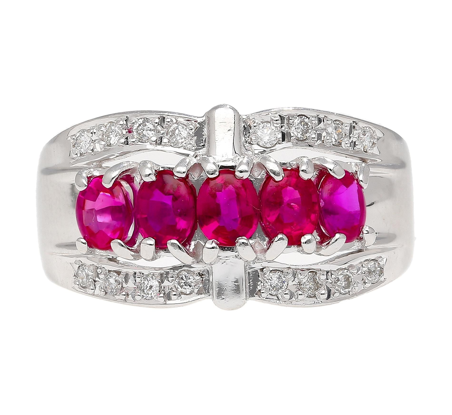 1.43 Carat Pinkish Red Ruby and Diamond Cluster Platinum Dome Ring
