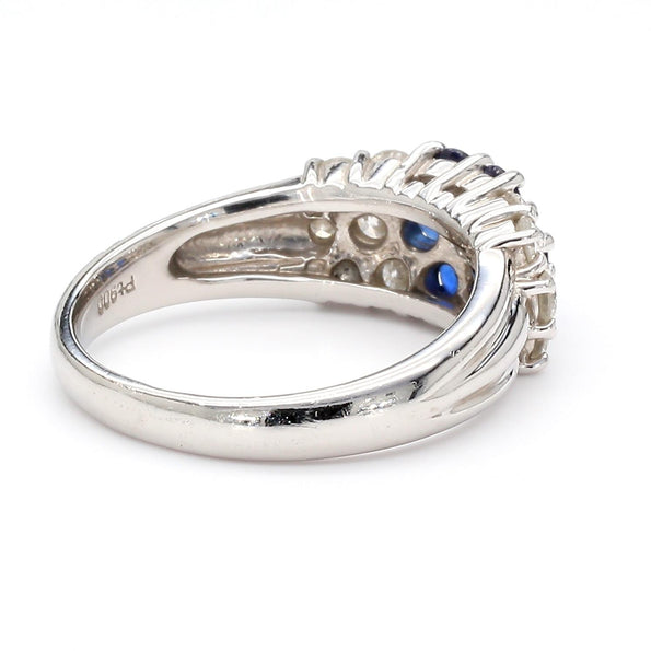 1.46 Carat Blue Sapphire & Diamond Platinum 3 Row Floral Cluster Band Ring