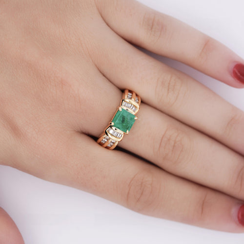 1.47 Carat Emerald With Round and Baguette Cut Diamond 14K Gold Statement Ring