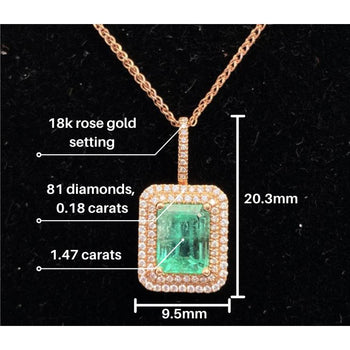 1.47 Carat Emerald and Diamond halo 18k Rose Gold Pendant Necklace – Assay Jewelers