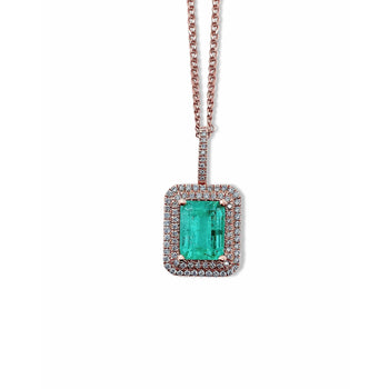 1.47 Carat Emerald and Diamond halo 18k Rose Gold Pendant Necklace – Assay Jewelers