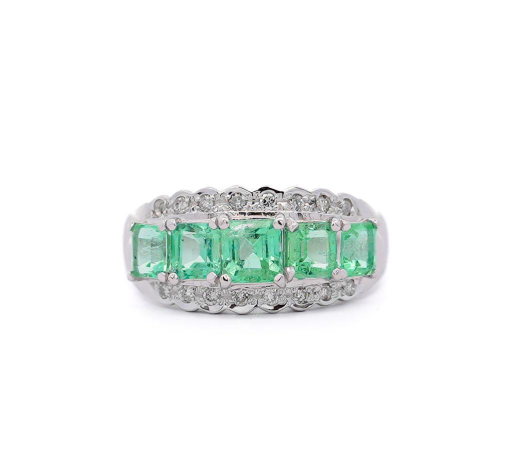 1.5 Carat Emerald and Diamond 5-Stone Band Ring in Platinum