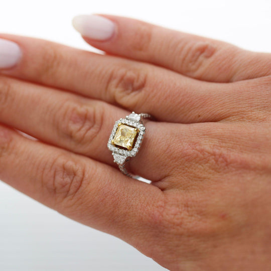 1.51 Carat Fancy Yellow Square Cut Diamond Halo 18K Gold Engagement Ring