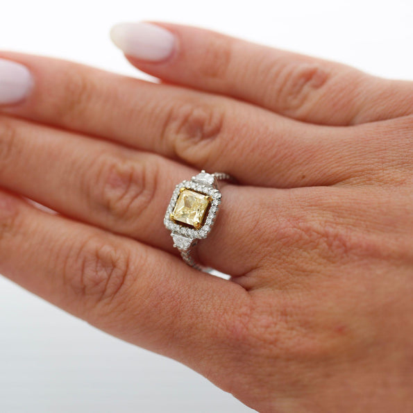 1.51 Carat Fancy Yellow Square Cut Diamond Halo 18K Gold Engagement Ring