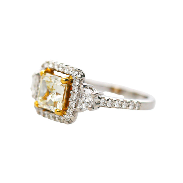 1.51 Carat Fancy Yellow Square Cut Diamond Halo 18K Gold Engagement Ring