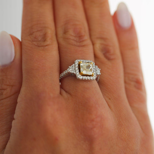 1.51 Carat Fancy Yellow Square Cut Diamond Halo 18K Gold Engagement Ring