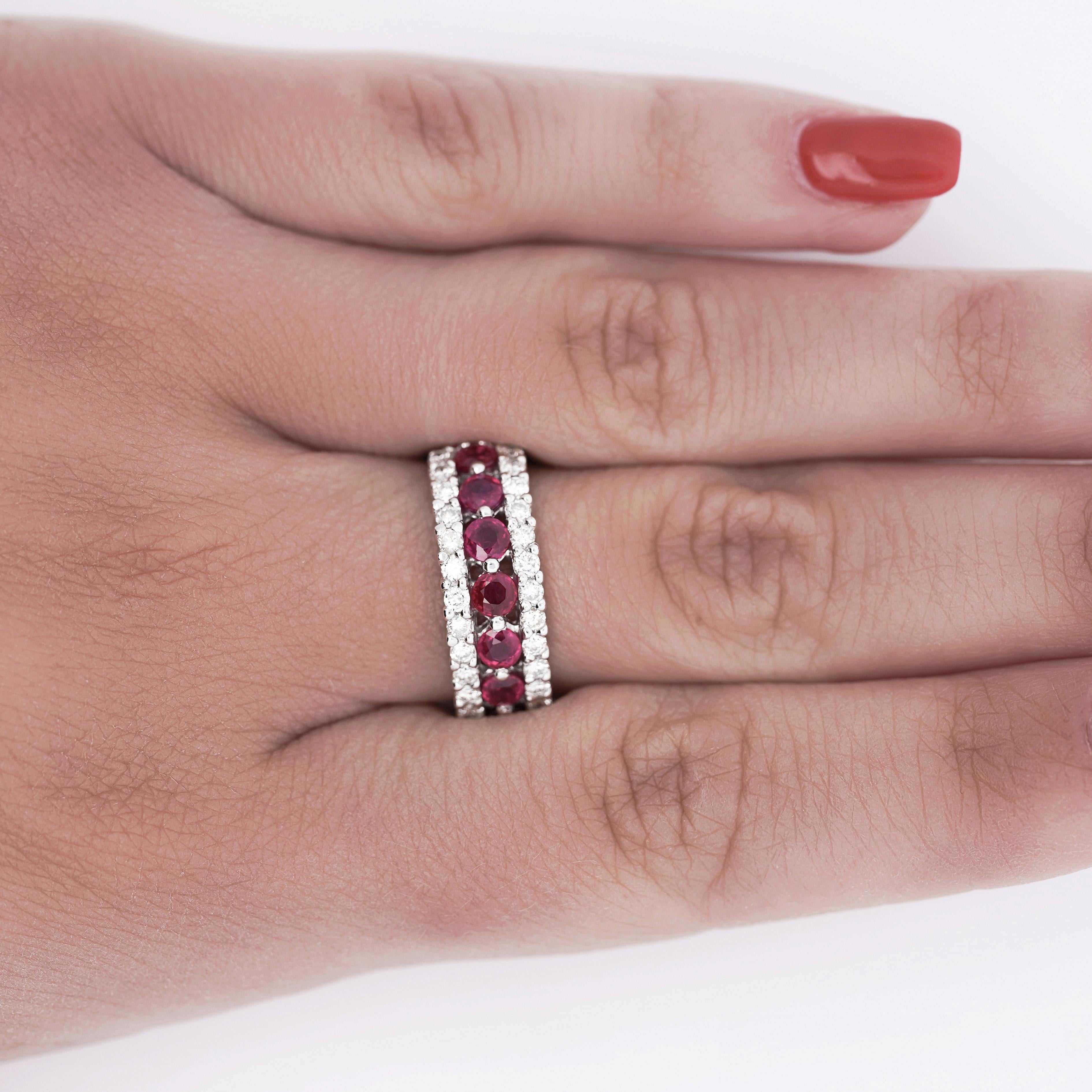 1.54 Carat Round Cut Ruby and Diamond Double-Row Eternity Band Ring