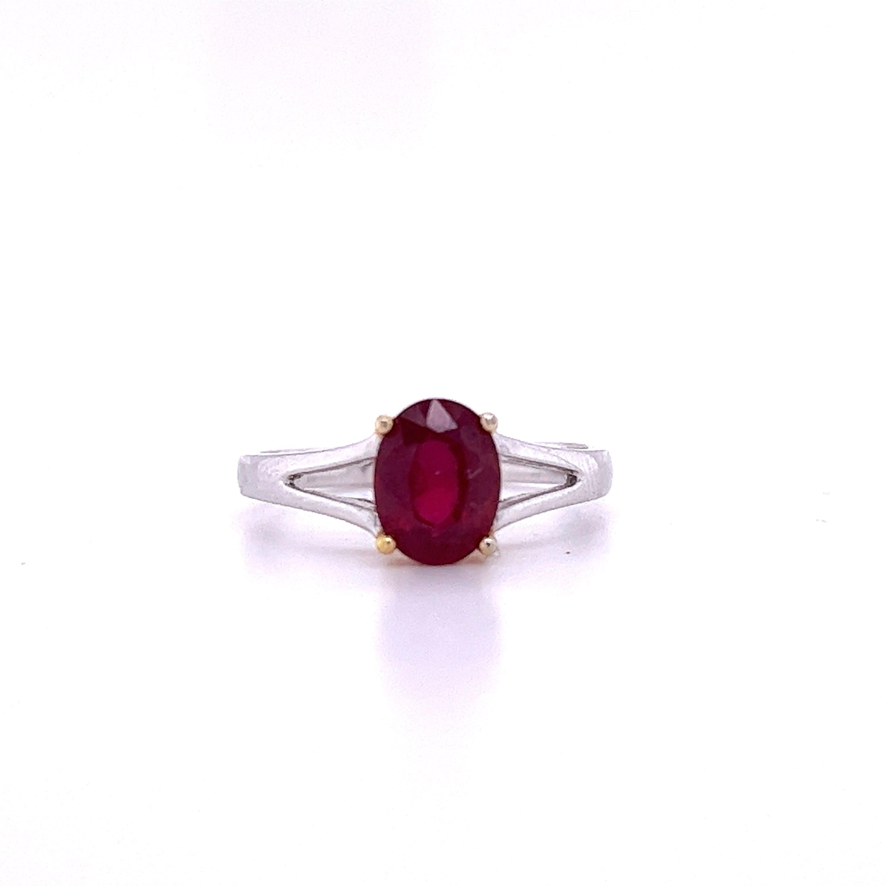 1.64 Carat Oval Cut Ruby Solitaire Split Shank 14K White Gold Ring-Rings-ASSAY