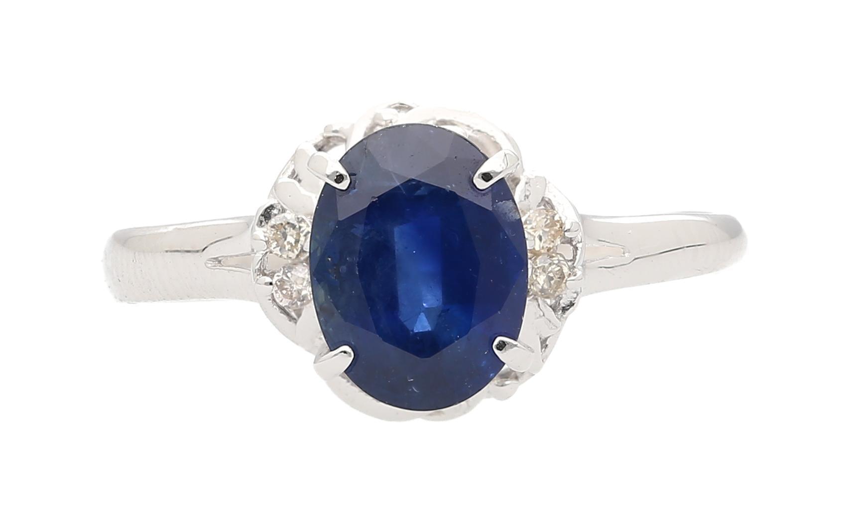 1.66 Carat Oval Blue Sapphire and Diamond Platinum Dainty Ring