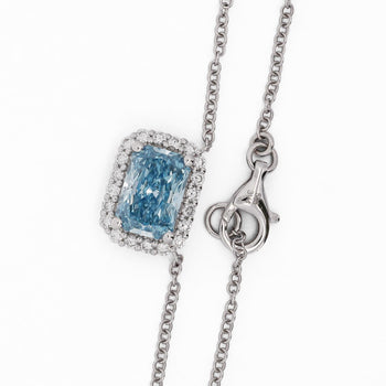 1.72 Carat Radiant Cut Blue & White Diamond Halo 14K White Gold Pendant Necklace – Assay Jewelers