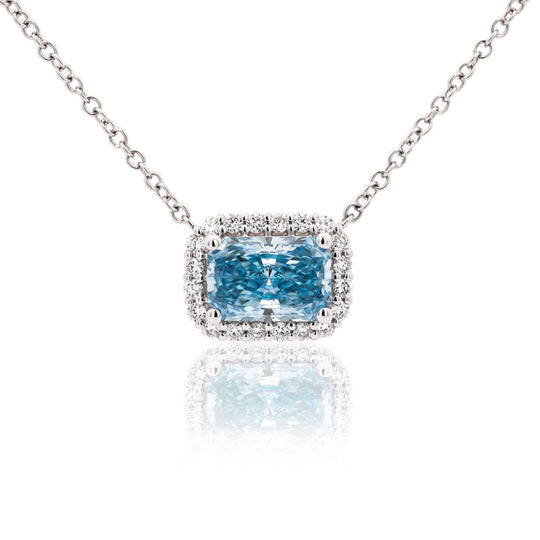 1.72 Carat Radiant Cut Blue & White Diamond Halo 14K White Gold Pendant Necklace