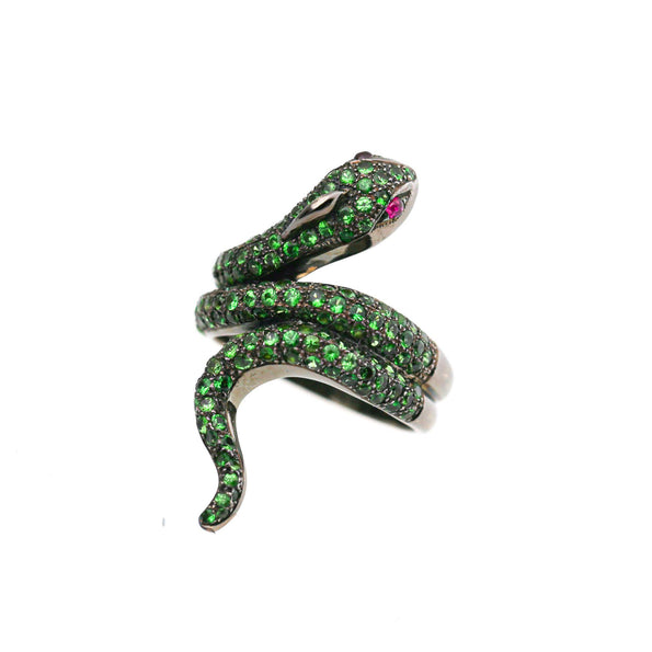 1.73 Carat Tsavorite Garnet & Ruby Eye Pavé Snake 18K Black Gold Cocktail Ring