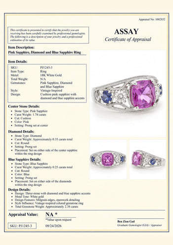 1.78 Carat Pink Sapphire Blue Sapphire Diamond 18K White Gold Vintage Ring – Assay Jewelers