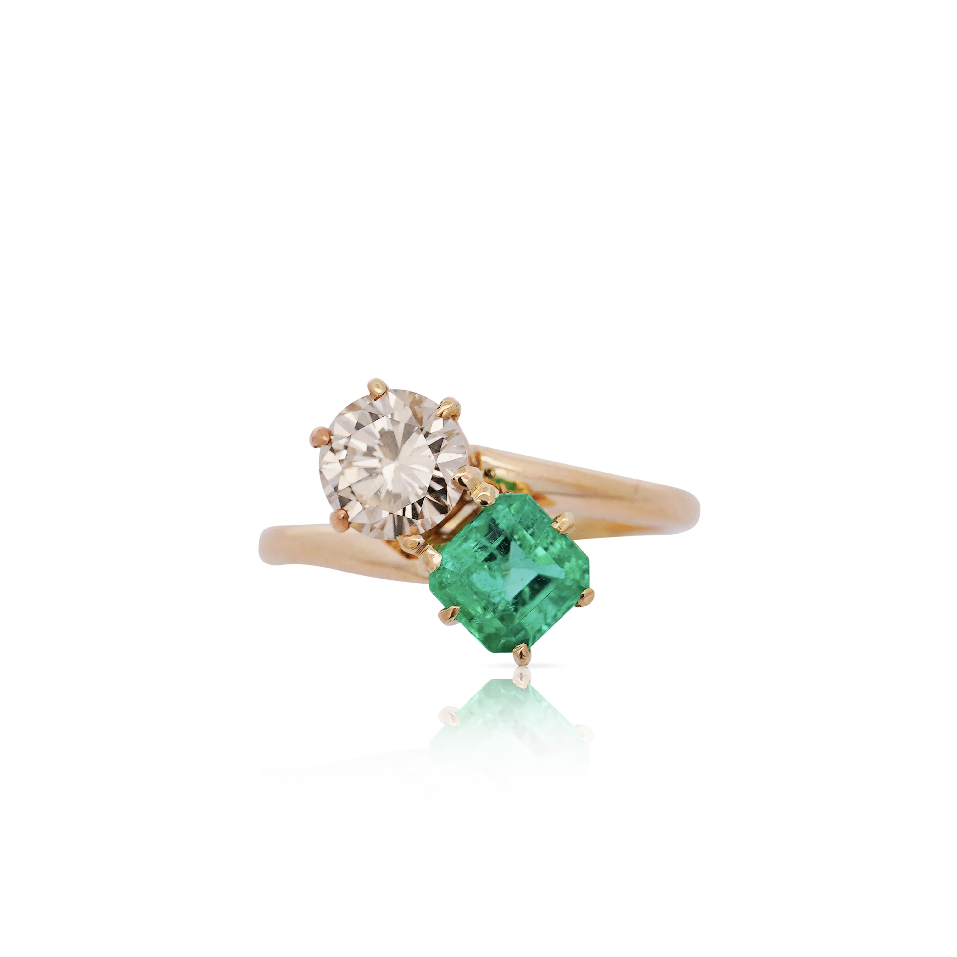 1.84 Carat Square Emerald & Round Diamond 18K Gold Toi et Moi Bypass Ring