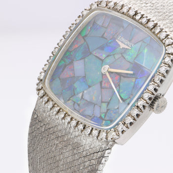 Vintage Longines Opal Mosaic Dial 34mm Diamond Bezel 18K White Gold Watch – Assay Jewelers