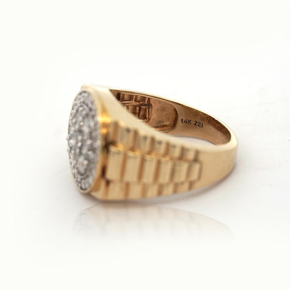 2 Carat Diamond Cluster 14K Gold Ribbed Shank Mens Signet Ring