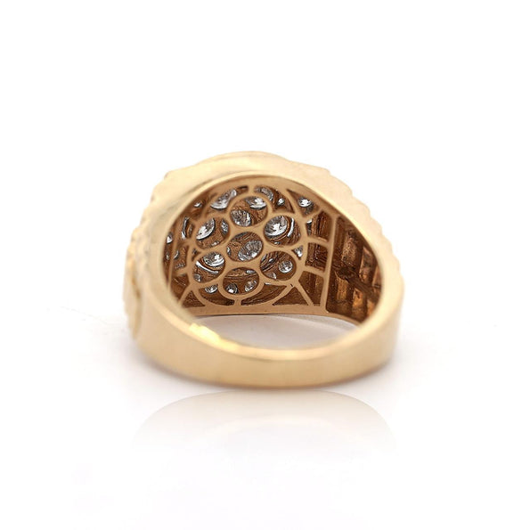 2 Carat Diamond Cluster 14K Gold Ribbed Shank Mens Signet Ring