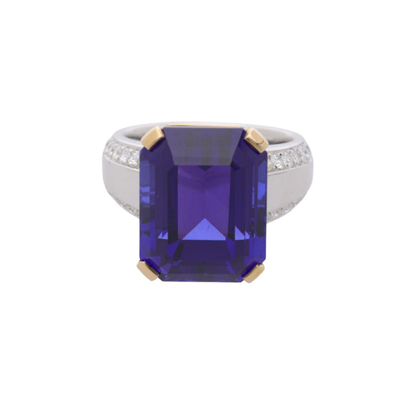 20.45 Carat Emerald Cut Tanzanite & Diamond in 14K Two Tone Gold Cocktail Ring