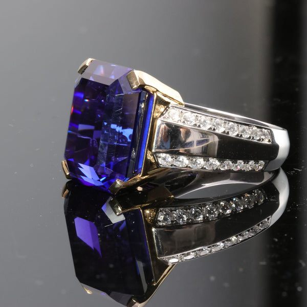 20.45 Carat Emerald Cut Tanzanite & Diamond in 14K Two Tone Gold Cocktail Ring