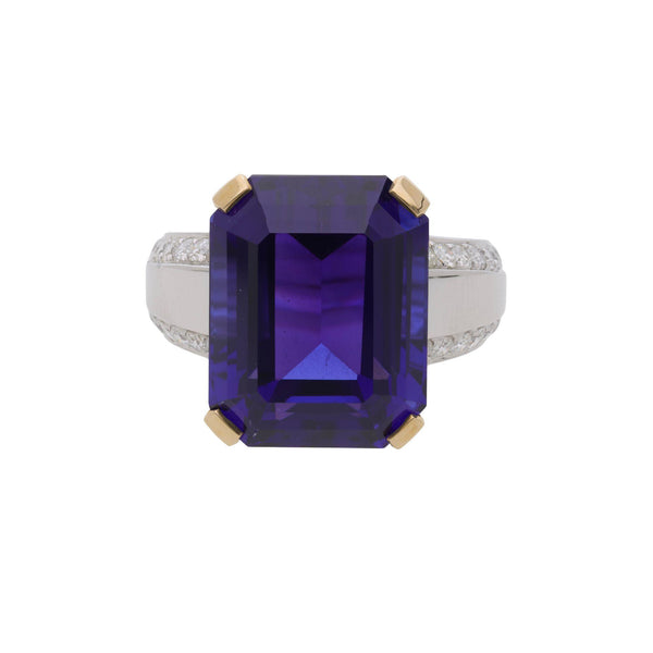 20.45 Carat Emerald Cut Tanzanite & Diamond in 14K Two Tone Gold Cocktail Ring