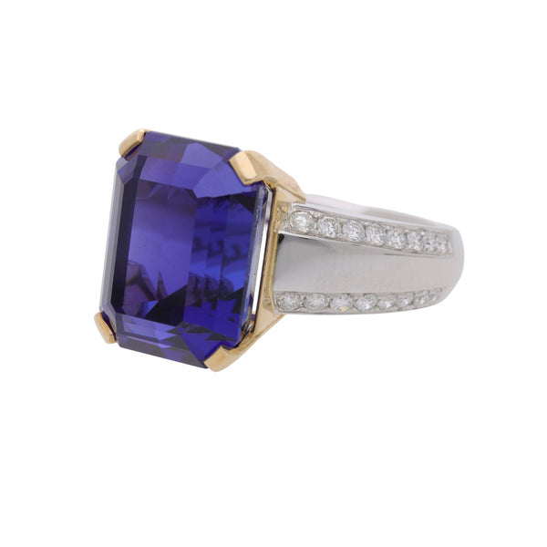 20.45 Carat Emerald Cut Tanzanite & Diamond in 14K Two Tone Gold Cocktail Ring