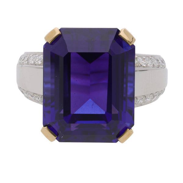 20.45 Carat Emerald Cut Tanzanite & Diamond in 14K Two Tone Gold Cocktail Ring