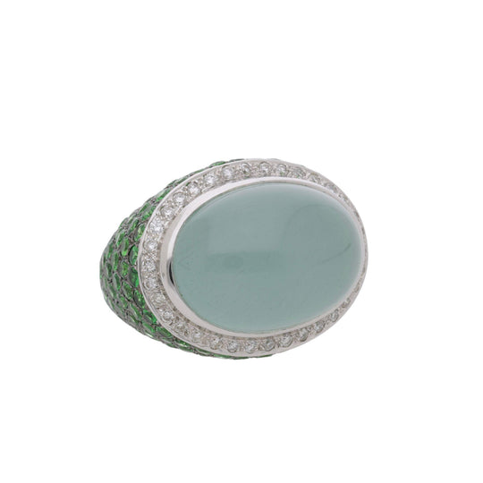 20.86 Carat Oval Aquamarine Tsavorite Diamond Dome 18K White Gold Cocktail Ring