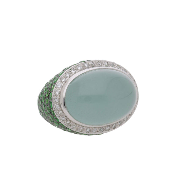 20.86 Carat Oval Aquamarine Tsavorite Diamond Dome 18K White Gold Cocktail Ring