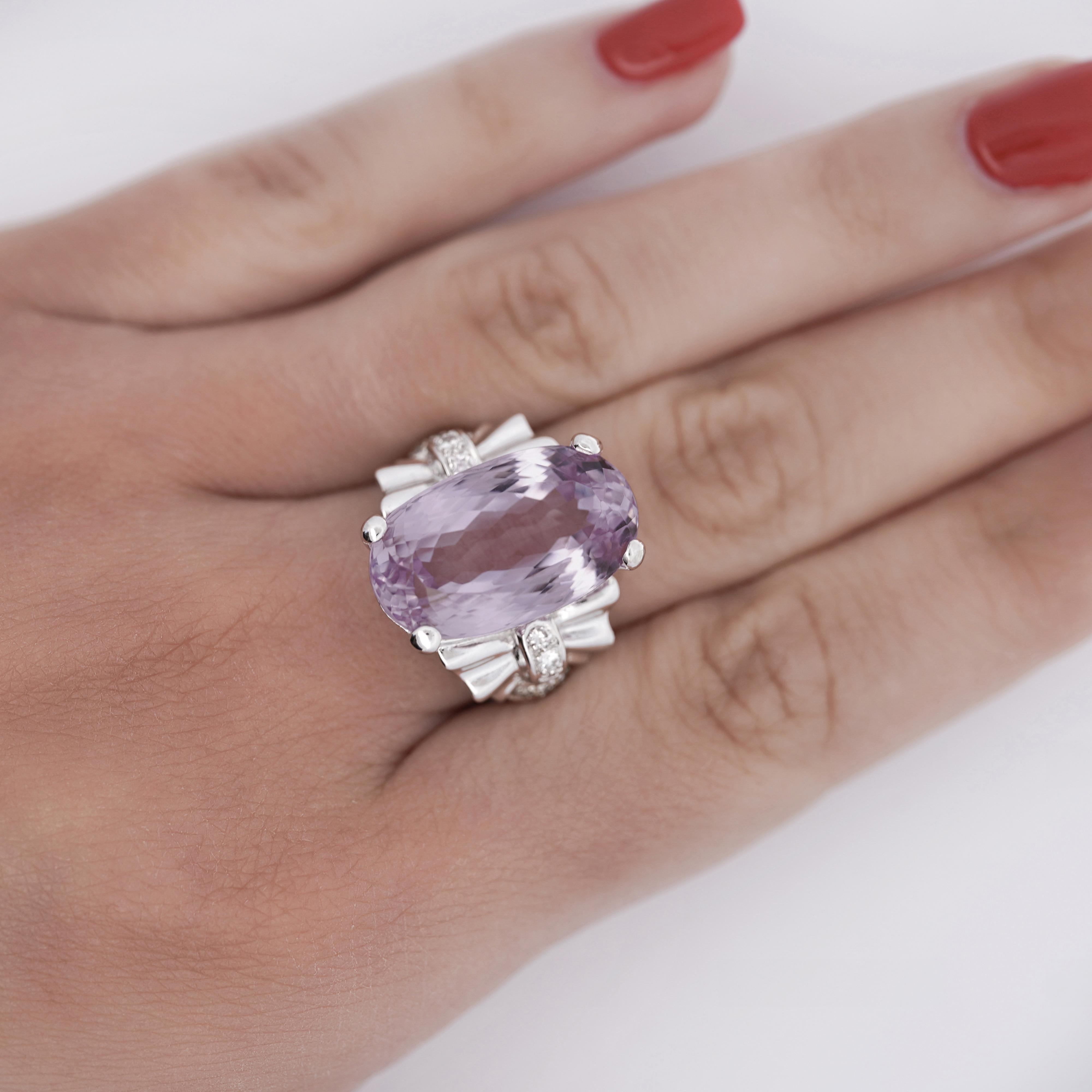 20.96 Oval Light Pink Kunzite and Diamond in Platinum Filigree Cocktail Ring