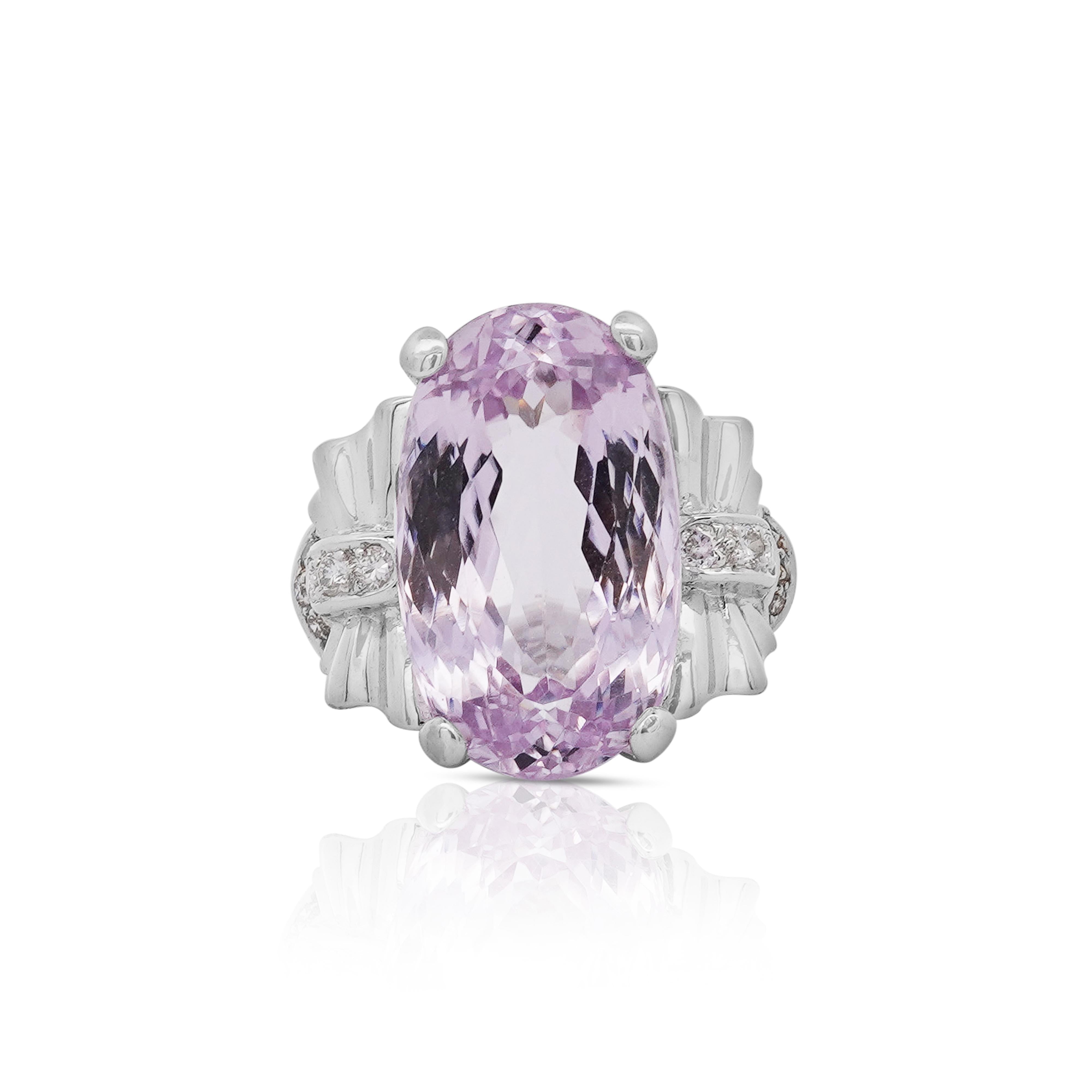 20.96 Oval Light Pink Kunzite and Diamond in Platinum Filigree Cocktail Ring