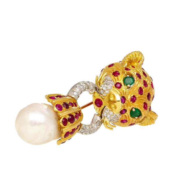 22K Gold Leopard Head Brooch - Emerald, Ruby, Diamond & Baroque Pearl