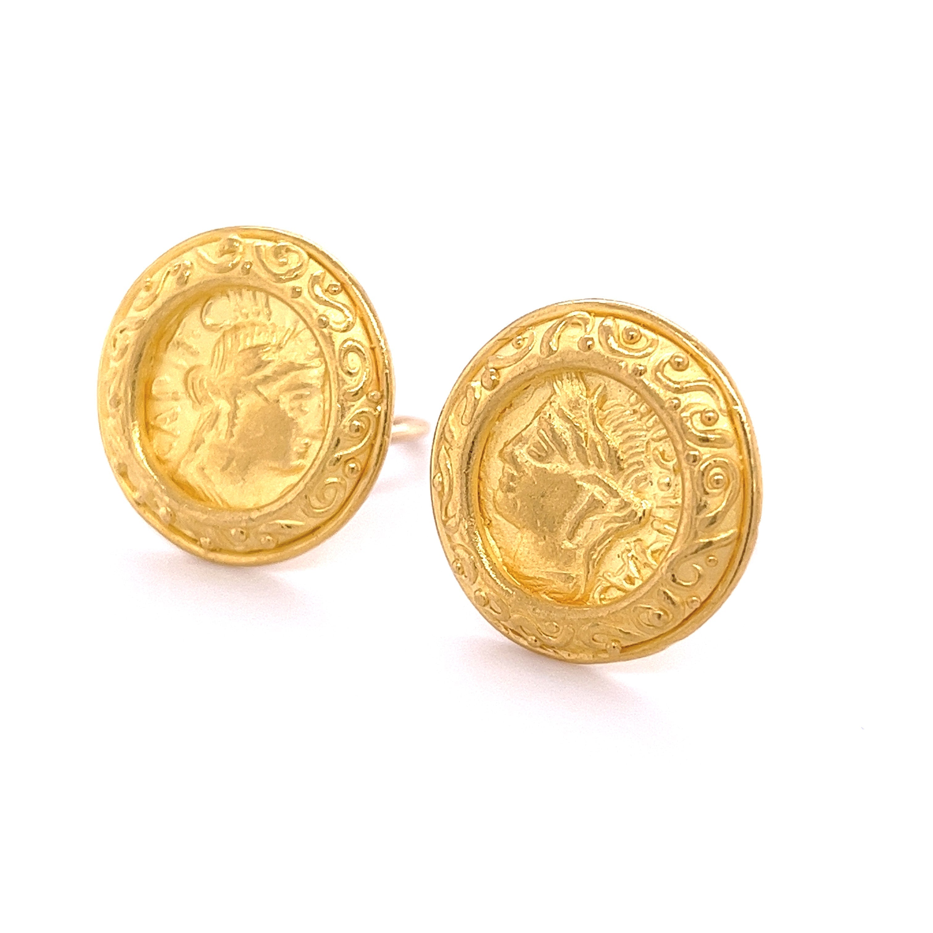 22k Gold Vintage Roman Coin Motif Round Earrings Signed Denise Roberge-Earrings-ASSAY