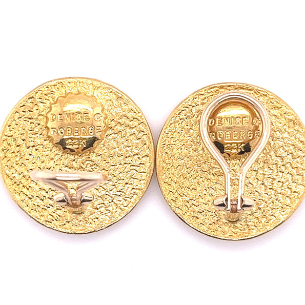 22k Gold Vintage Roman Coin Motif Round Earrings Signed Denise Roberge