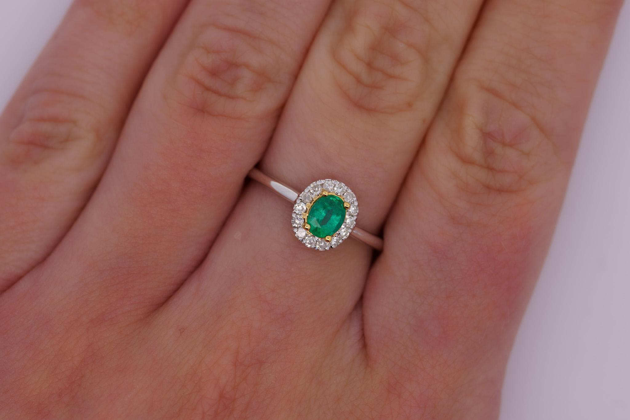 3 Carat Natural Emerald & Diamond Oval Halo Thin Band Ring in 18K White Gold