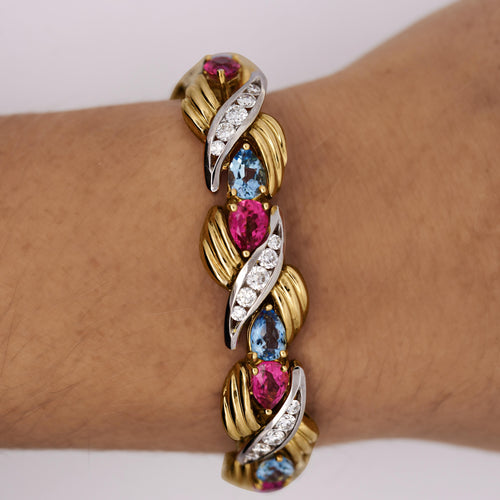 25 Carat Aquamarine, Tourmaline, & Diamond 18K Gold Platinum Retro Bracelet