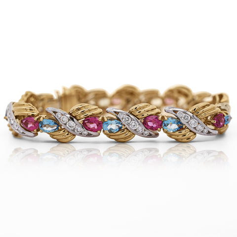 25 Carat Aquamarine, Tourmaline, & Diamond 18K Gold Platinum Retro Bracelet