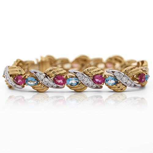 25 Carat Aquamarine, Tourmaline, & Diamond 18K Gold Platinum Retro Bracelet