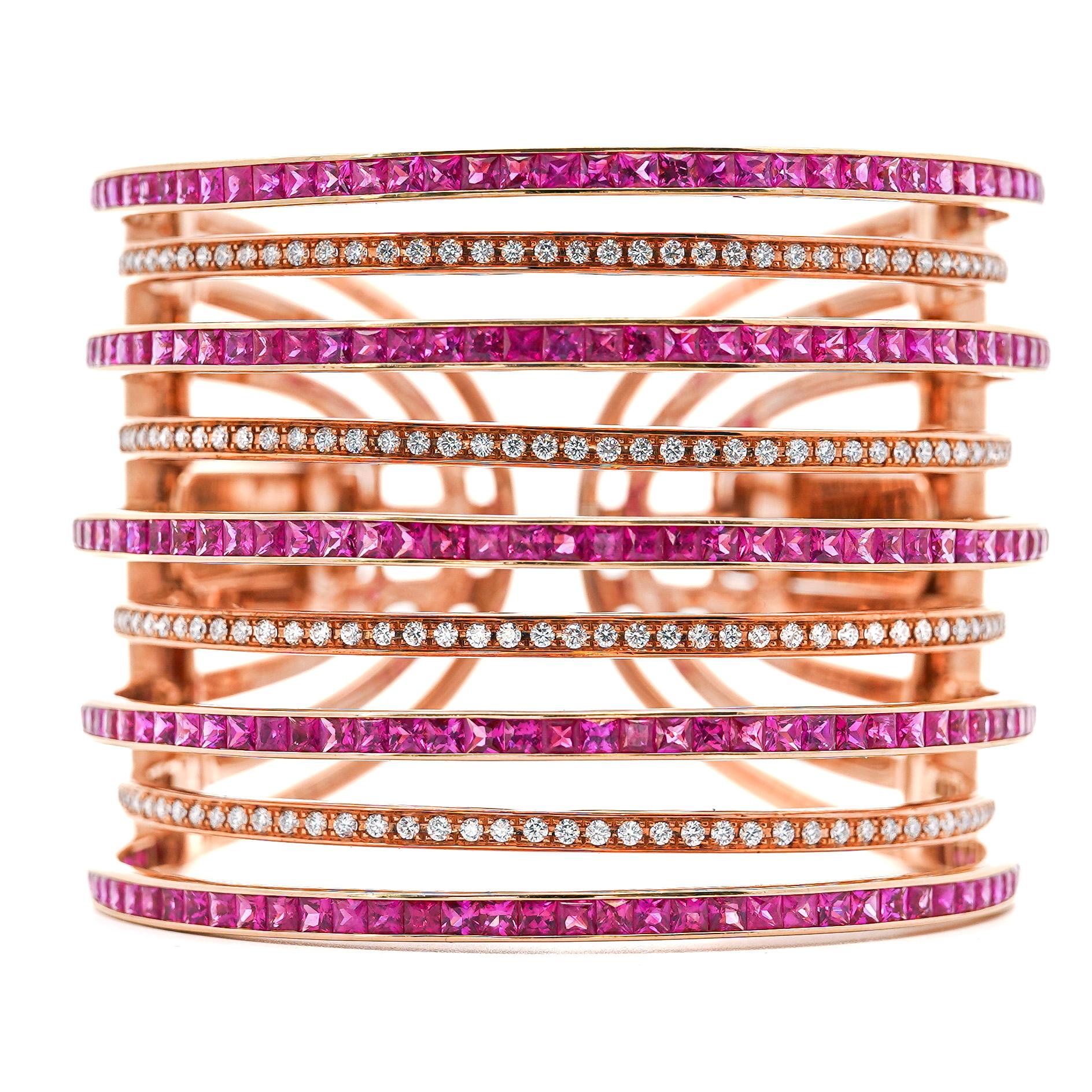 25 Carat Pink Sapphire & Diamond 18K Rose Gold Multi-Row Cuff Bangle Bracelet