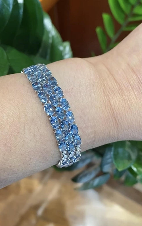28 Carat Oval Cut Aquamarine 3 Row Tennis Bracelet