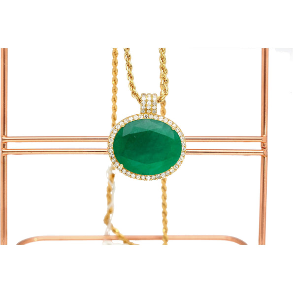 28.56 Carat Oval Cut Emerald & Diamond Halo 18K Gold Pendant Necklace